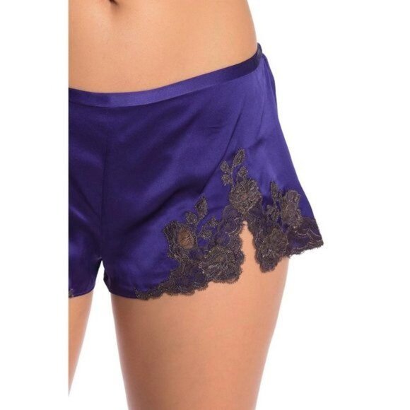 Josie Natori DVO Lillian Silk Shorts Midnight Purple With Black Lace Trim - Picture 4 of 6